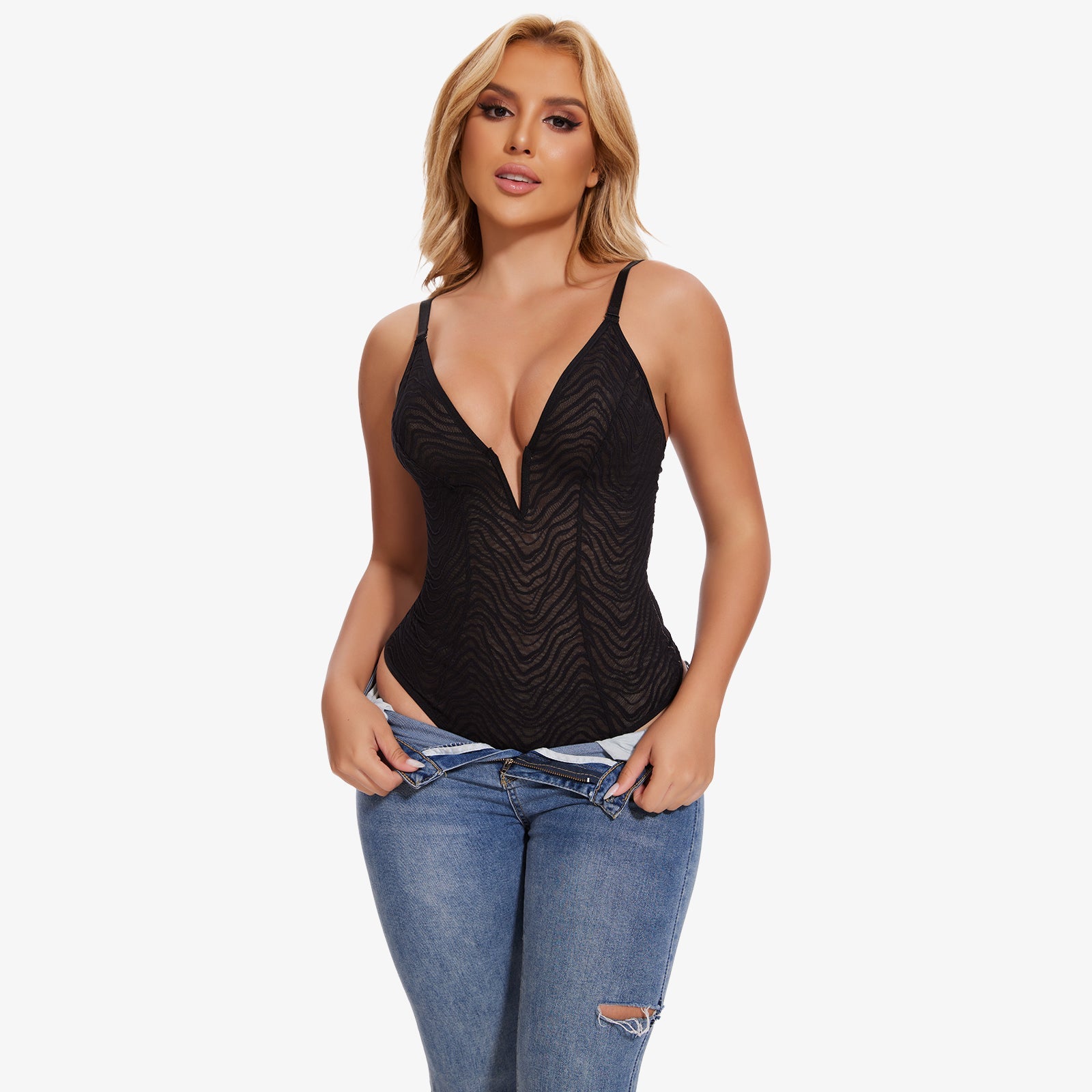 ZYNEA – Deep V Kant Shapewear String Body - LivingCurves Zwart / S