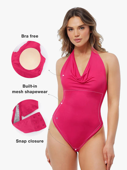 Shapewear Cowl Neck Halter Tummy Control Bodysuit - LivingCurves Pink / XS