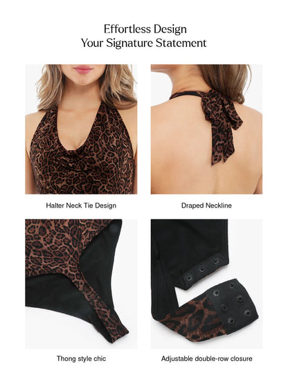 Shapewear Leopard Cowl Neck Halter Tummy Control Bodysuit - LivingCurves Leopard / XS