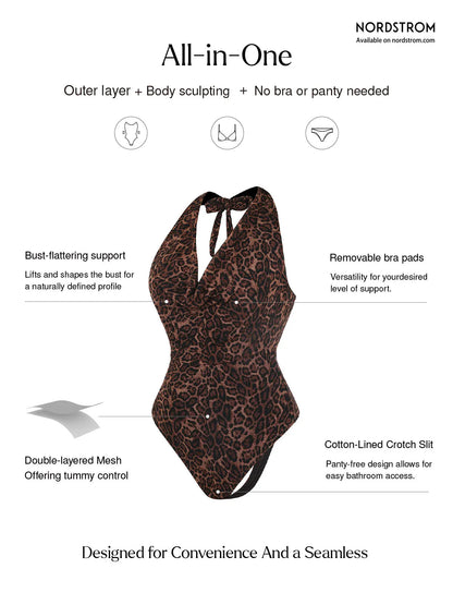 Shapewear Leopard Cowl Neck Halter Tummy Control Bodysuit - LivingCurves Leopard / XS