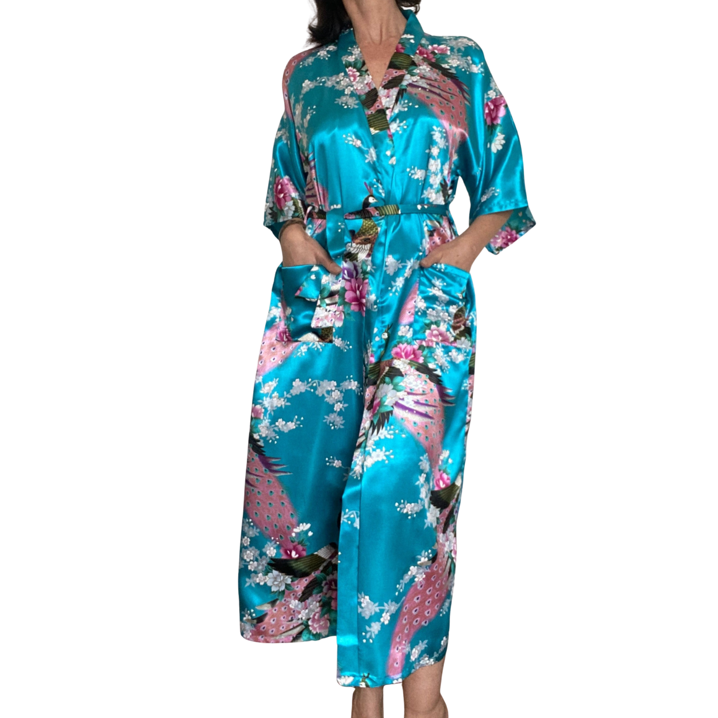 Lange Satijnen Kimono Met Pockets - Luxe Enkel - Lange Robe