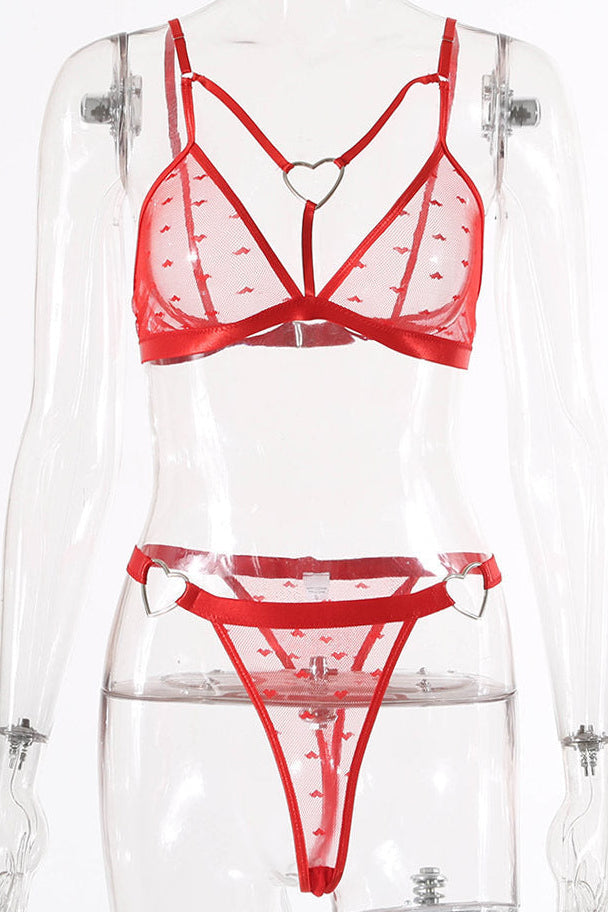 Red Lingerie Set Heart Print Mesh Ring Cut-Out dames