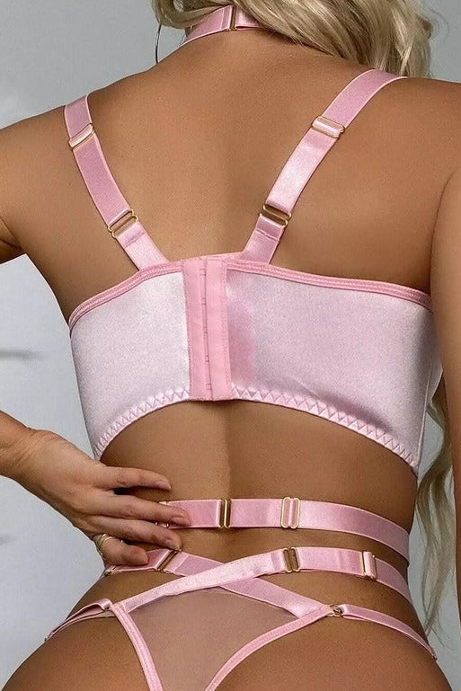 Lingerieset Dames Satijn – Lichtroze 5-Delig Met Ketting En Jarretels – Luxe Lingerie