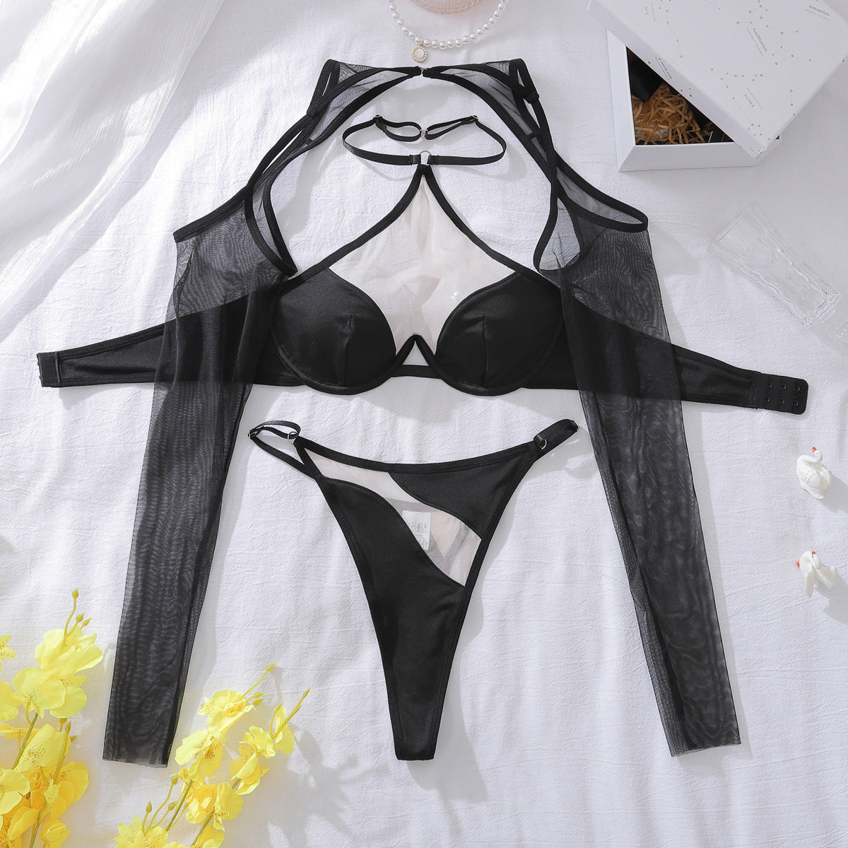 Lingerieset Dames Mesh – Zwart Met Haltertop En Lange Mouwen – Verleidelijke Set