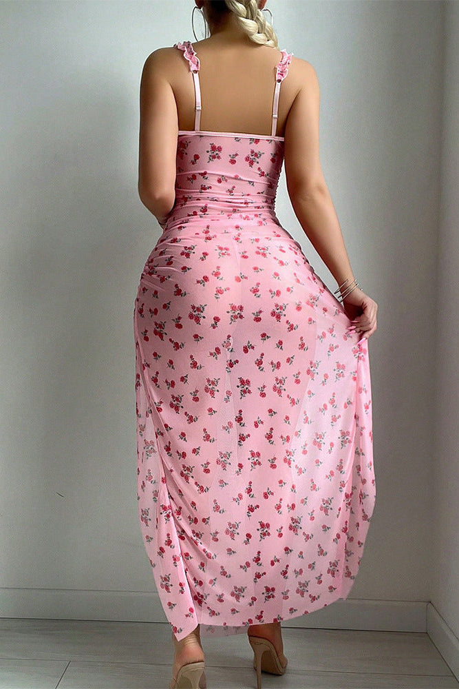 Maxi-Jurk Dames Mesh – Roze Met Split En Bloemenprint – Luxe Pasvorm & Comfort