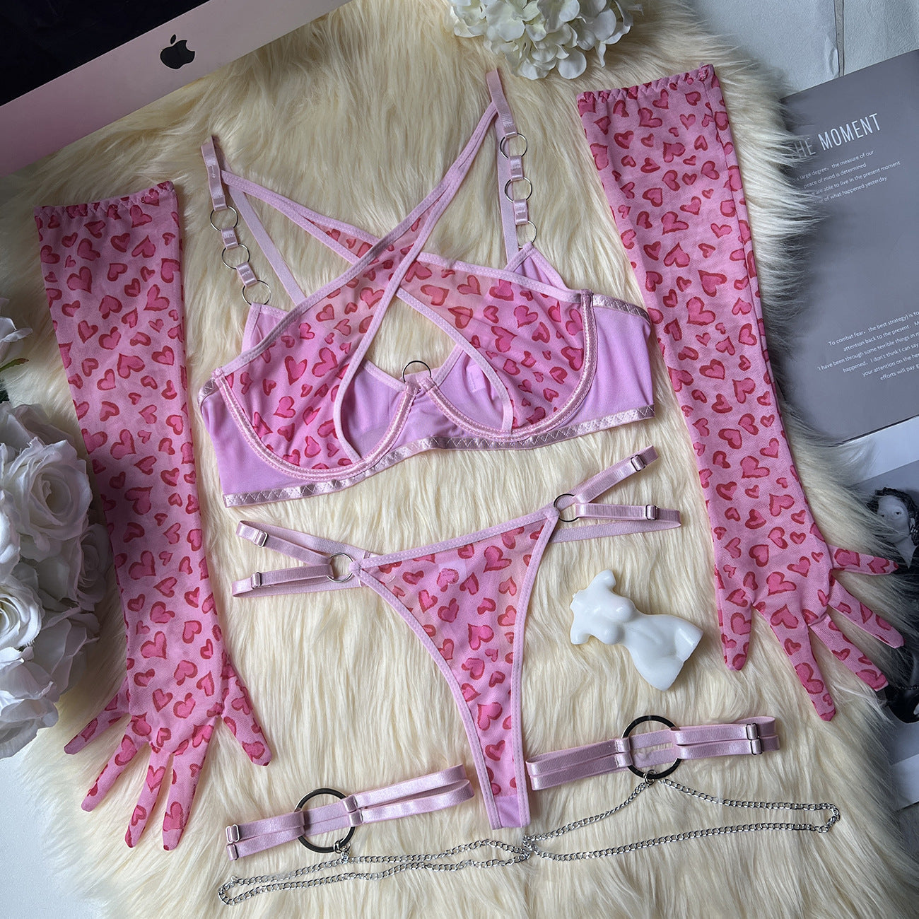 Leopard Lingerie Set Mesh Wired Gloves Garters dames