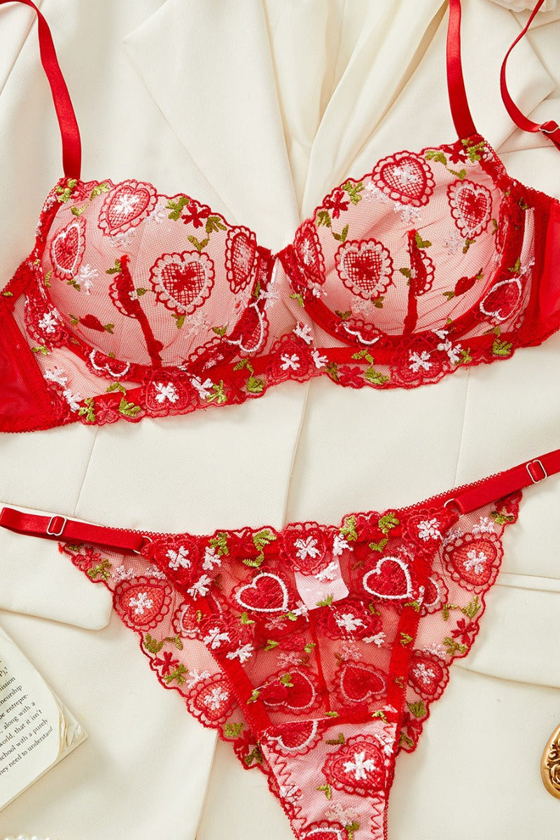 White Lace Heart Embroidery Set - Lingerieset Dames Kant – Rood Met Geborduurde Mesh – Luxe Set
