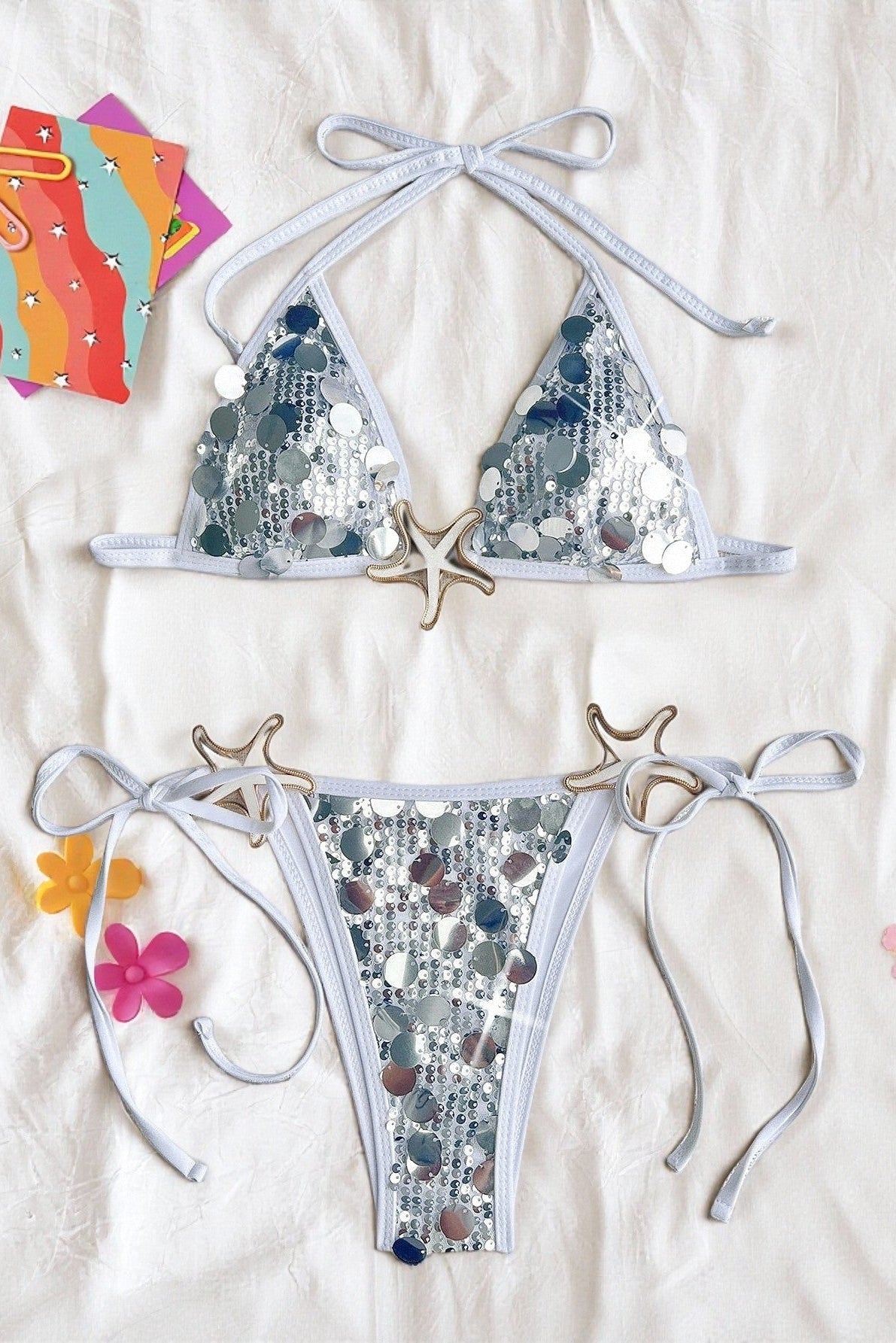 Zilveren Witte Bikini Set Dames met Pailletten