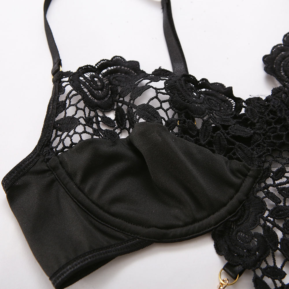 Black Crochet Chain Garter Set - Lingerieset Dames Gehaakte Bloemen – Zwart Met Ketting