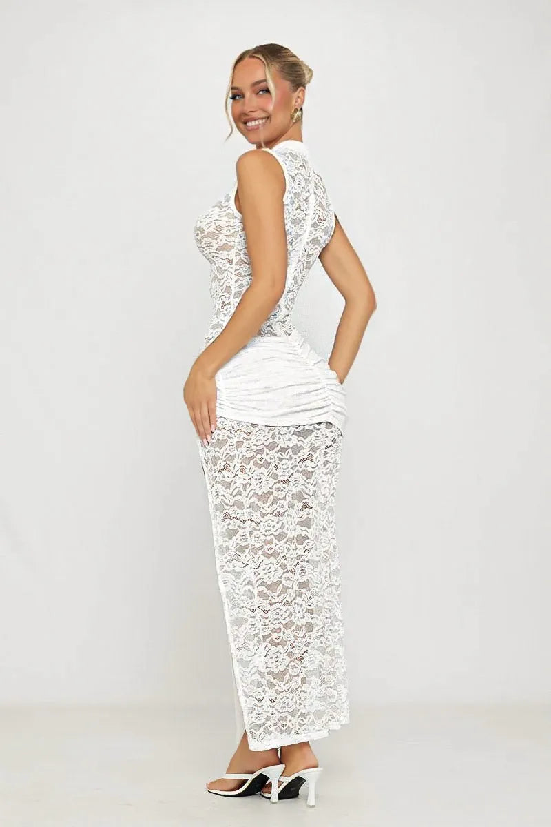 Aveline Dames Maxi Jurk | Kantlook | Hoge Split Met Gedrapeerde Taille