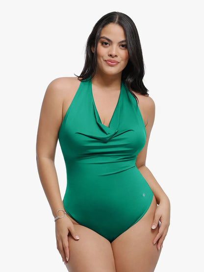 Shapewear Cowl Neck Halter Tummy Control Bodysuit - LivingCurves Green / XS