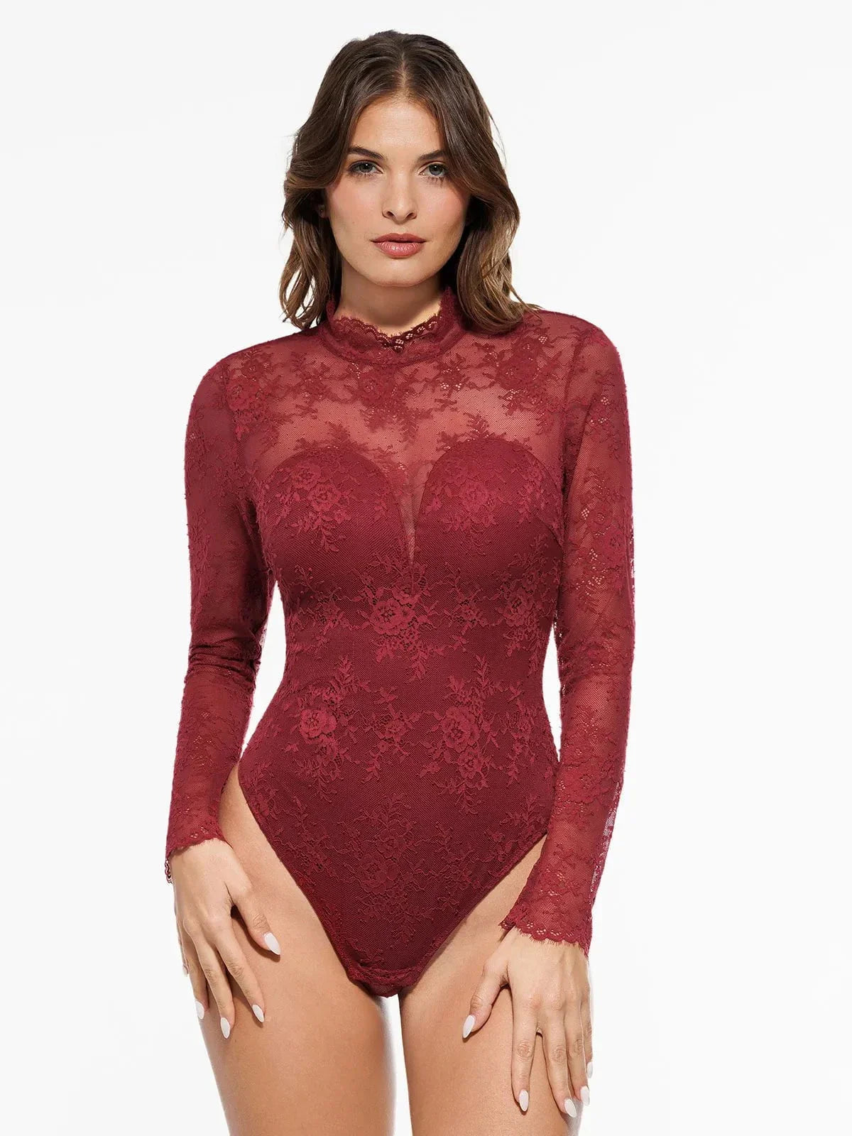 ELVIA – Lace Bodysuit met Lange Mouwen - LivingCurves Rood / XS
