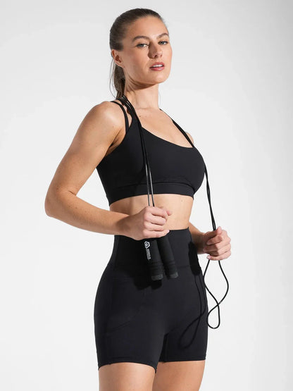 BRXL Cross Strap Sports Bra High-Waisted Shorts Set - LivingCurves Set / Black / XS