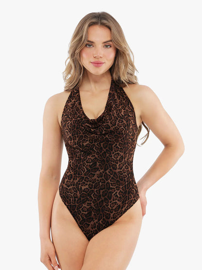 Shapewear Leopard Cowl Neck Halter Tummy Control Bodysuit - LivingCurves Leopard / XS