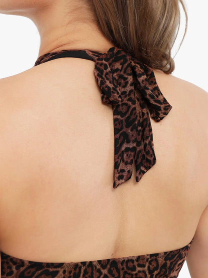 Shapewear Leopard Cowl Neck Halter Tummy Control Bodysuit - LivingCurves Leopard / XS