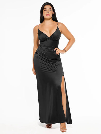 LEONA – Shaping Satin Maxi Dress met Deep V & Slit
