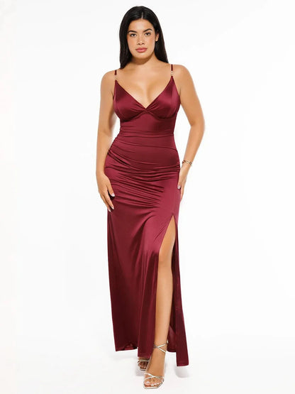 LEONA – Shaping Satin Maxi Dress met Deep V & Slit