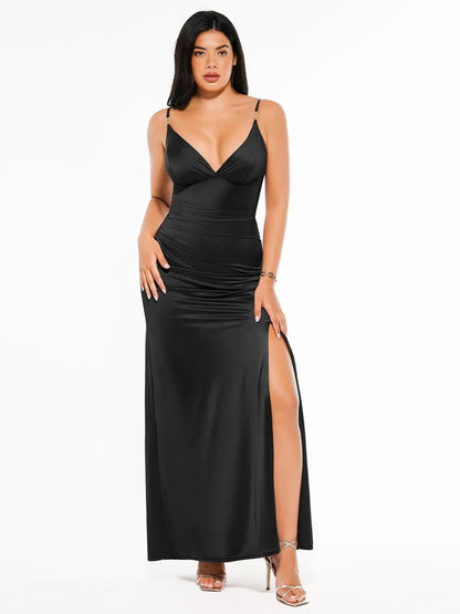 LEONA – Shaping Satin Maxi Dress met Deep V & Slit