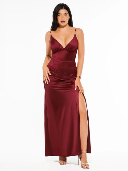 LEONA – Shaping Satin Maxi Dress met Deep V & Slit