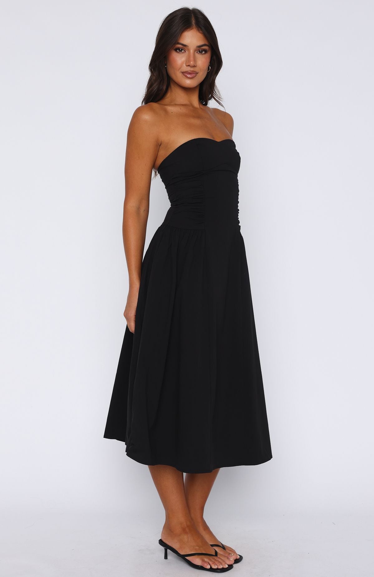 Midi Jurk Strapless – Zomerjurk met Rimpels en Plooirok