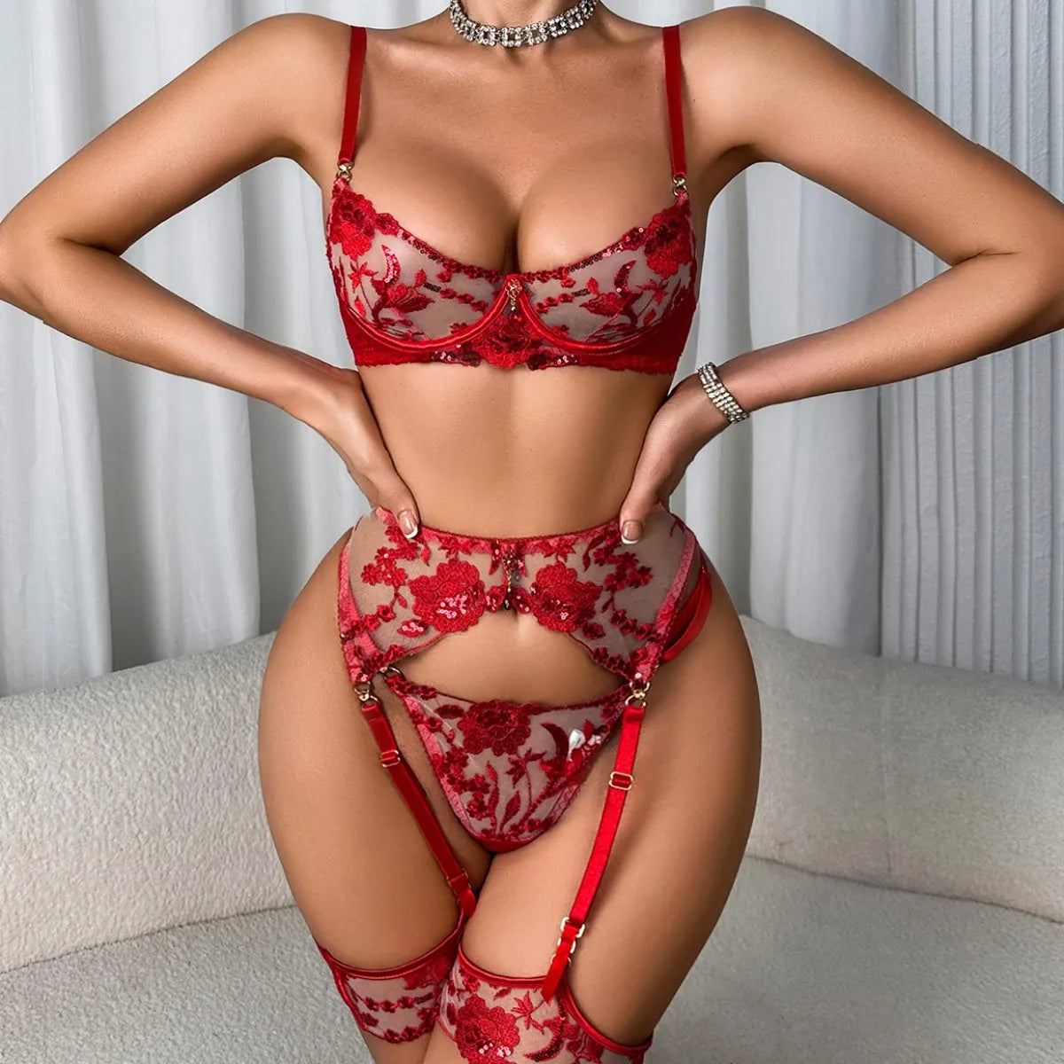 Scarlet Bloom 3-Piece Lingerie Set