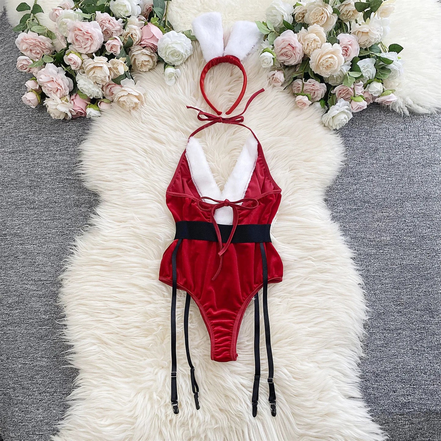Christmas Velvet Bodysuit & Bunny Ears Set