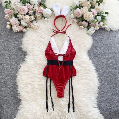 Christmas Velvet Bodysuit & Bunny Ears Set