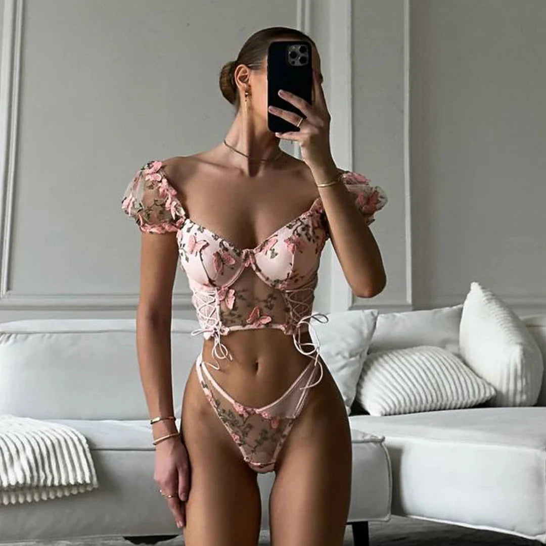 Butterfly Whimsy Embroidered Lingerie Set