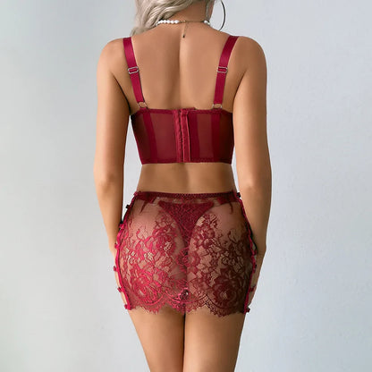 Lace Bralette Garter Skirt Set