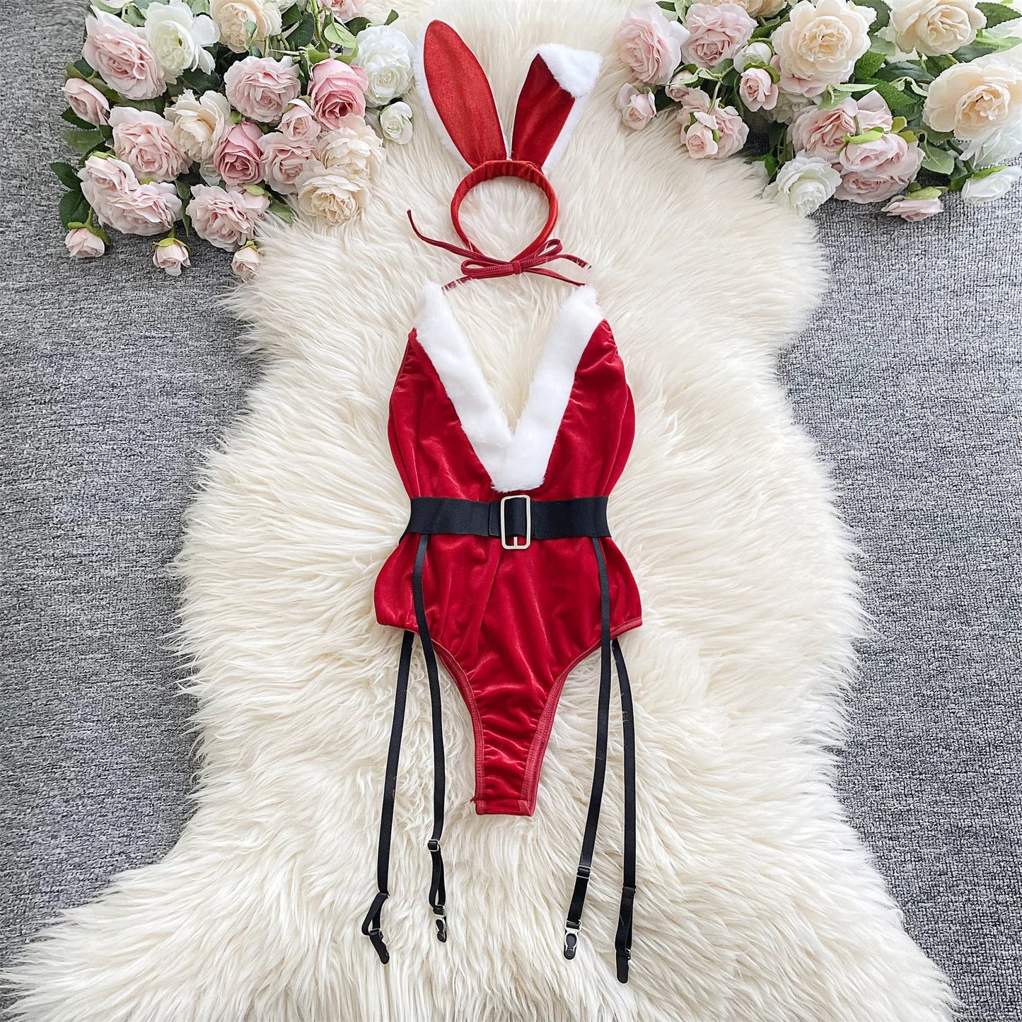 Christmas Velvet Bodysuit & Bunny Ears Set