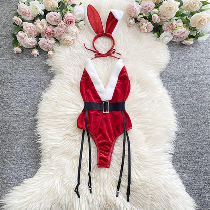 Christmas Velvet Bodysuit & Bunny Ears Set