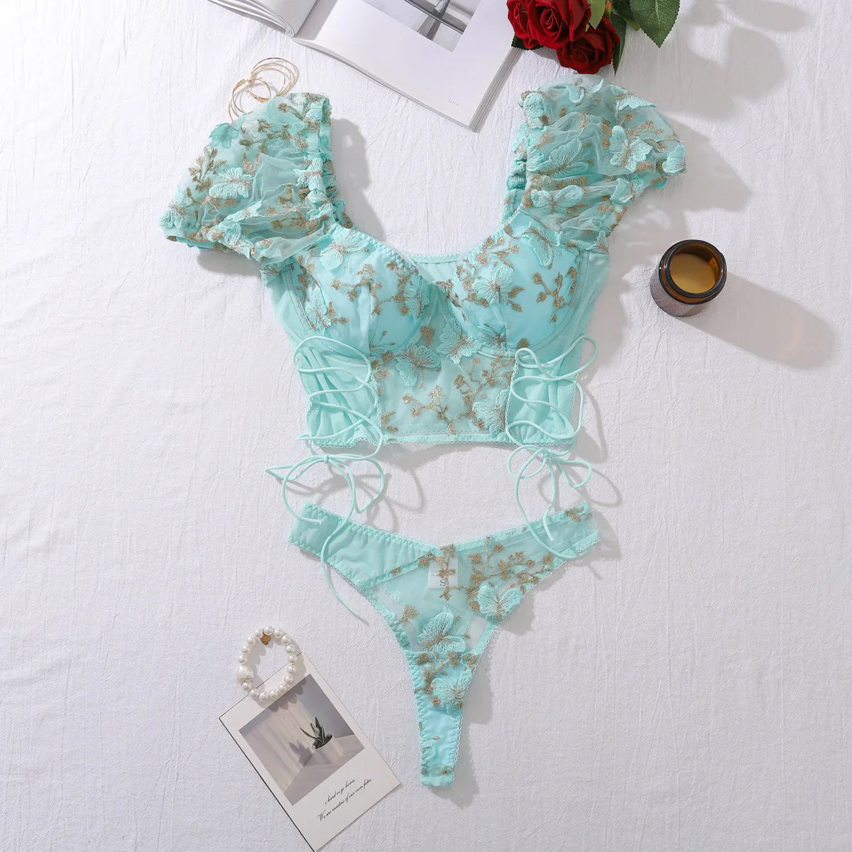 Butterfly Whimsy Embroidered Lingerie Set
