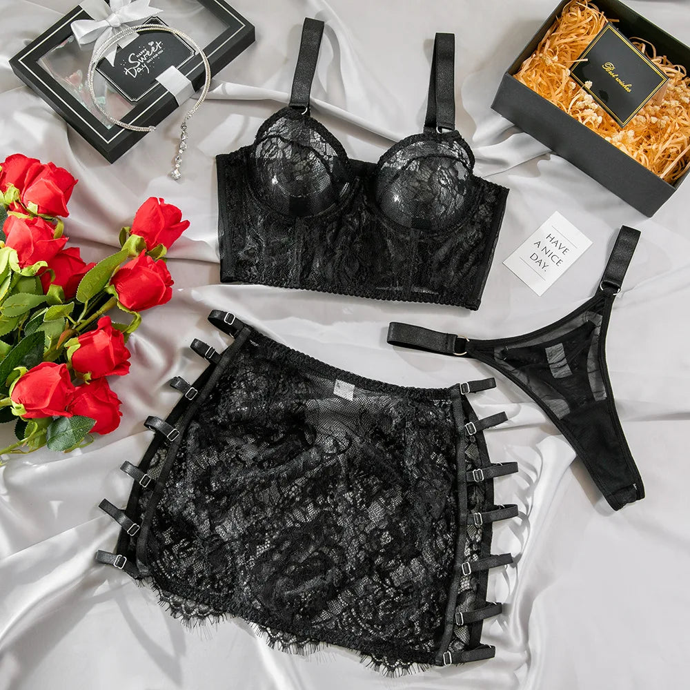 Lace Bralette Garter Skirt Set