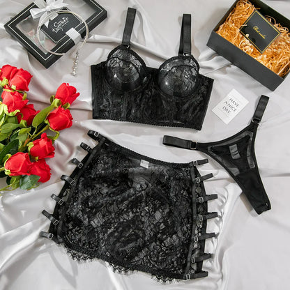Lace Bralette Garter Skirt Set