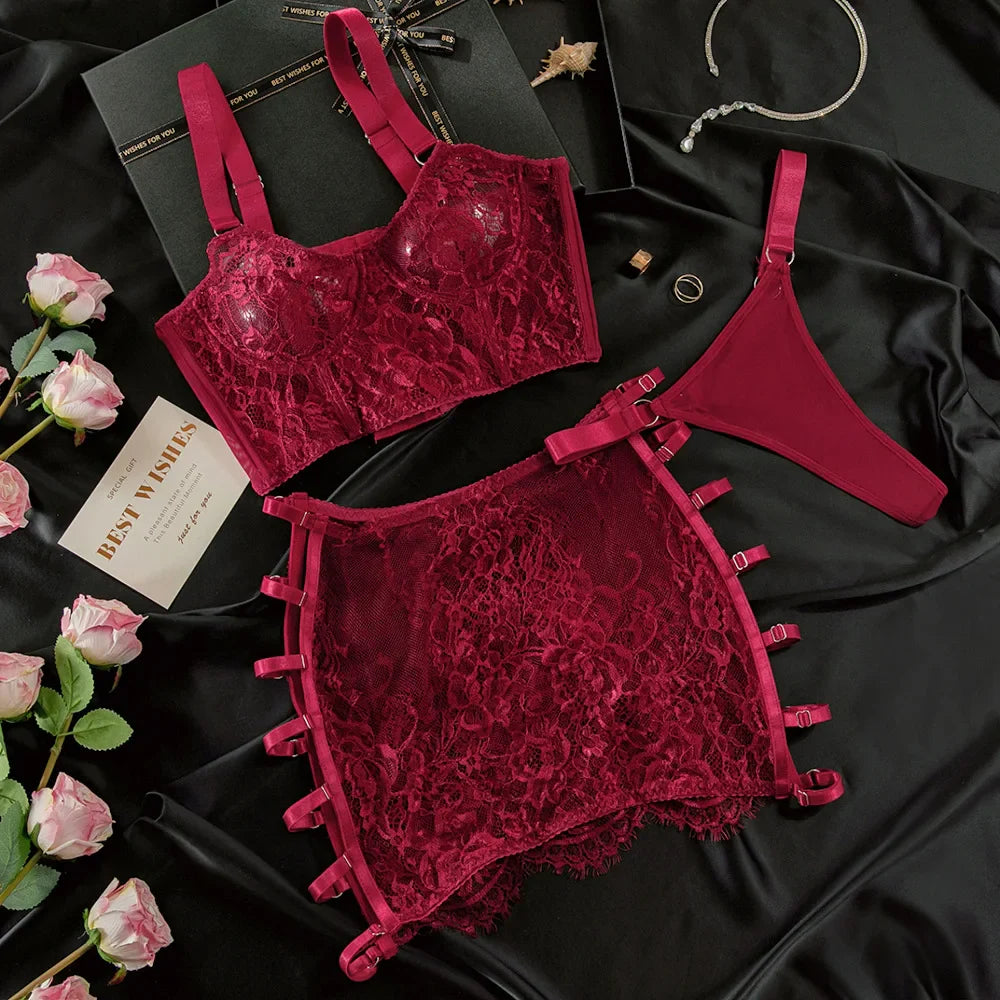 Lace Bralette Garter Skirt Set