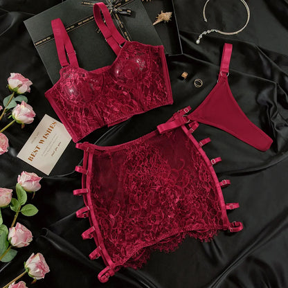 Lace Bralette Garter Skirt Set