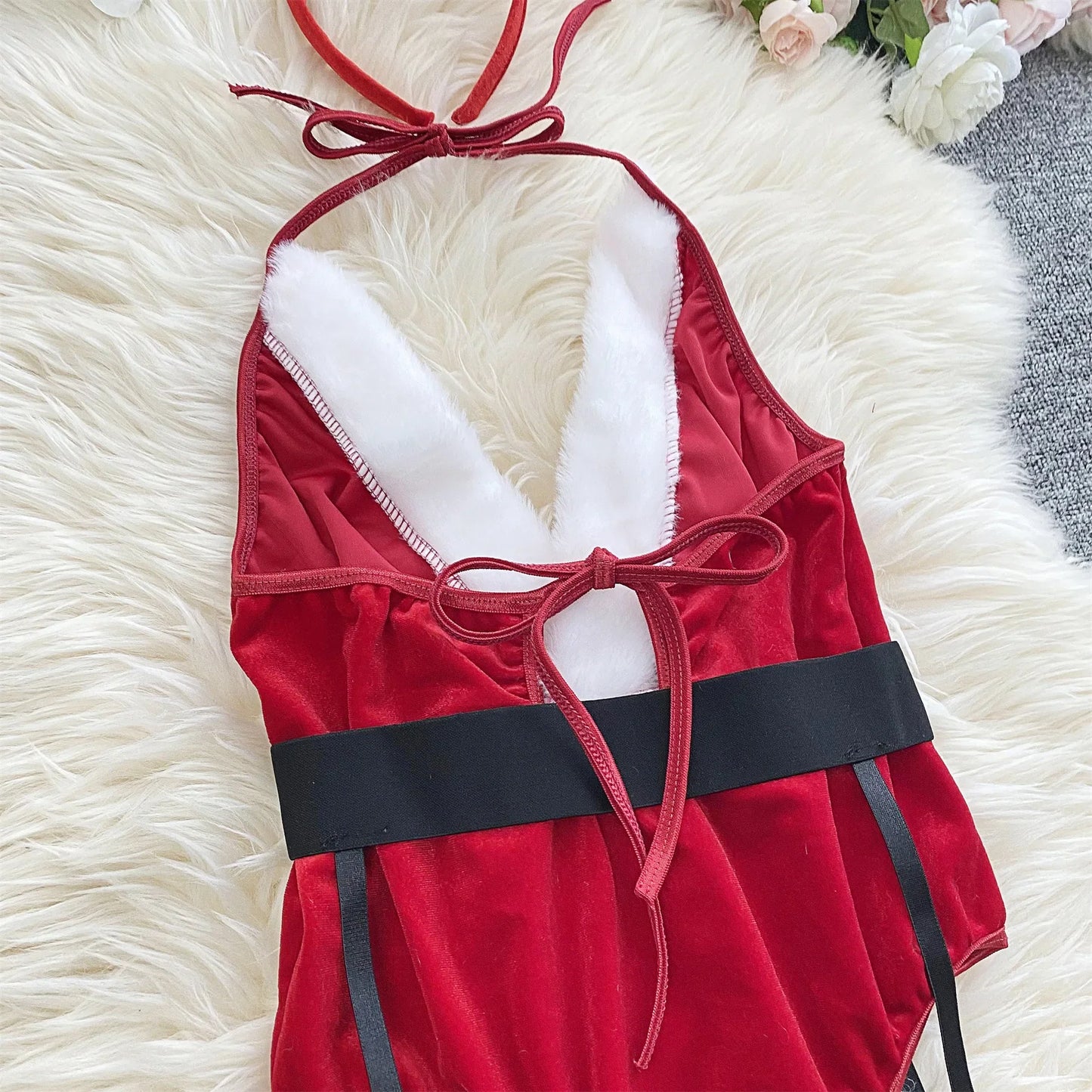 Christmas Velvet Bodysuit & Bunny Ears Set