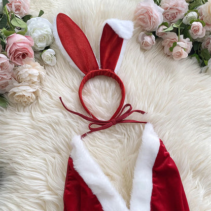 Christmas Velvet Bodysuit & Bunny Ears Set