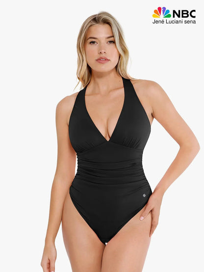 Shapewear Halter Cowl Neck Ruched Tummy Control Bodysuit - LivingCurves Sexy Deep V Tops Body Shaper Vacation Outfits Black / XS