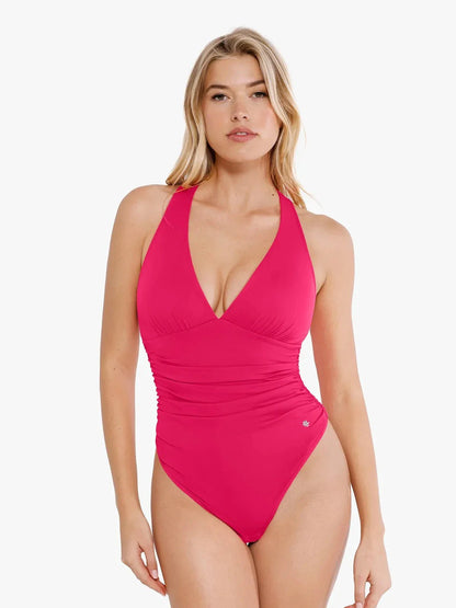 Shapewear Halter Cowl Neck Ruched Tummy Control Bodysuit - LivingCurves Sexy Deep V Tops Body Shaper Vacation Outfits Pink / XS