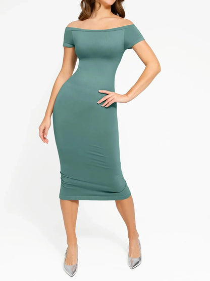 ELYSE – Eco Off-Shoulder Shaping Dress