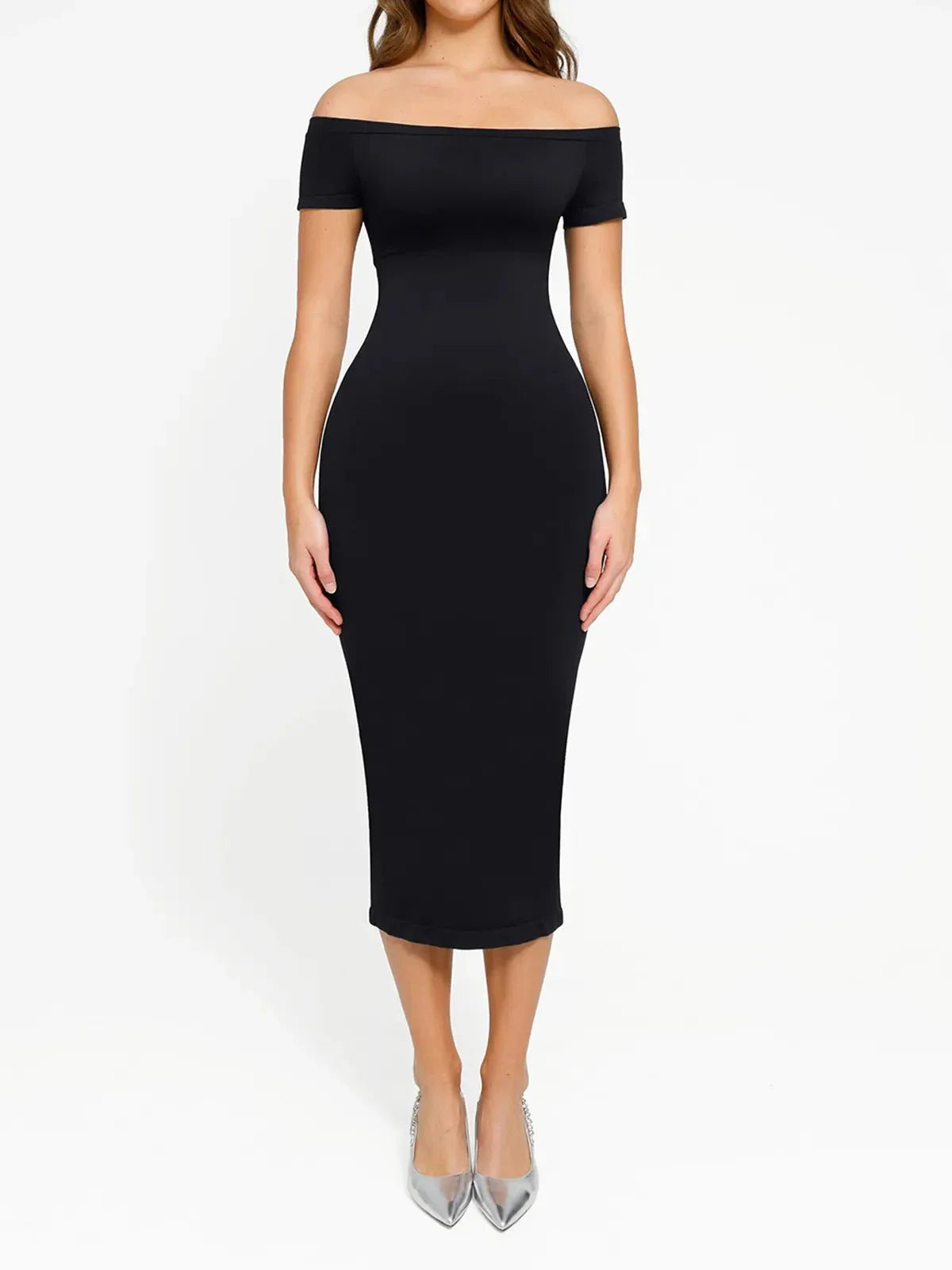 ELYSE – Eco Off-Shoulder Shaping Dress