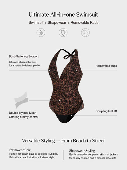 Shapewear Halter Tummy Control One Piece Swimsuit - LivingCurves Leopard Swimwear Leopard / XS