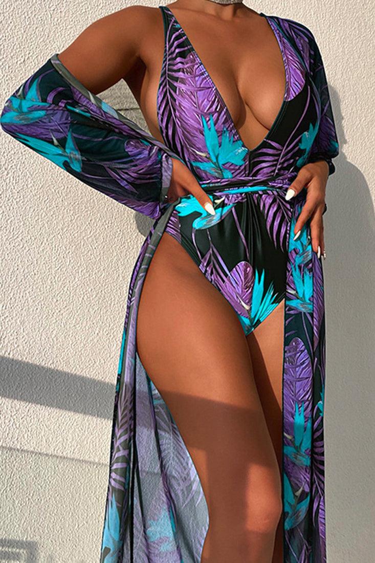 Zwart Paars Tropical Print Badpak Dames – Monokini met Mesh