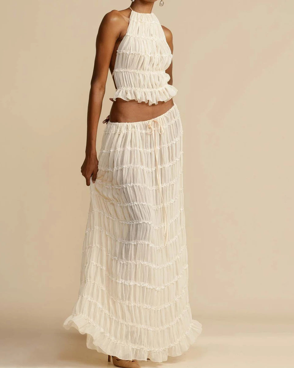 2pcs Women's Dress Suit Sexy Sleeveless Backless Cropped Halter Top And Pleated Long Skirt Beach Clothing