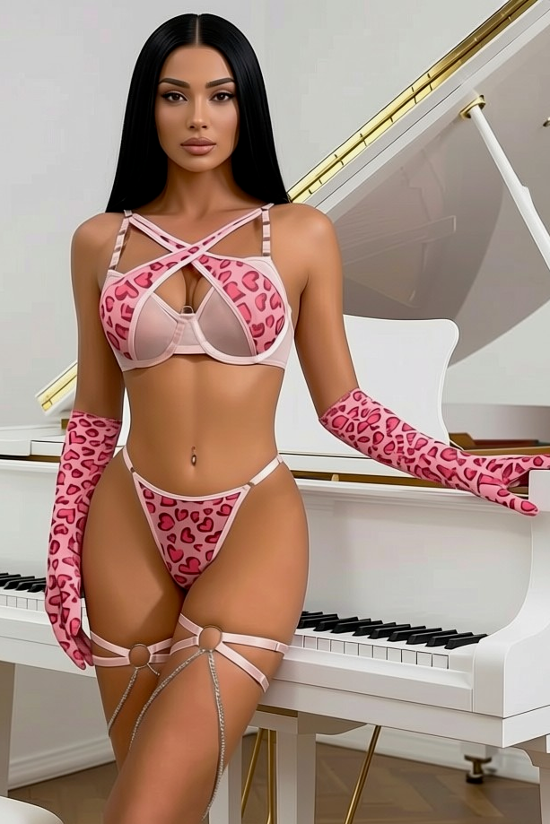 Leopard Lingerie Set Mesh Wired Gloves Garters dames