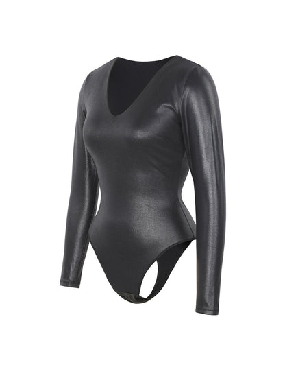 ISOLDE – Leather Look Bodysuit met Lange Mouwen - LivingCurves Zwart / S