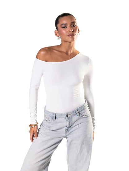 ISOLA – One Shoulder Long Sleeve Bodysuit - LivingCurves Wit / XS/S