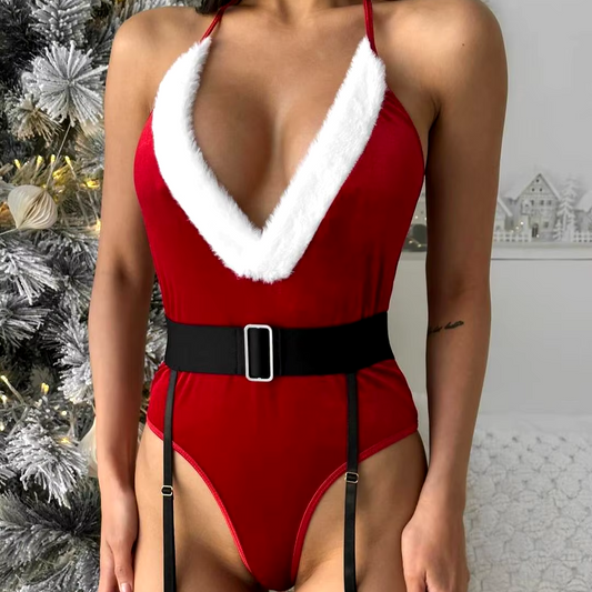 Christmas Velvet Bodysuit & Bunny Ears Set