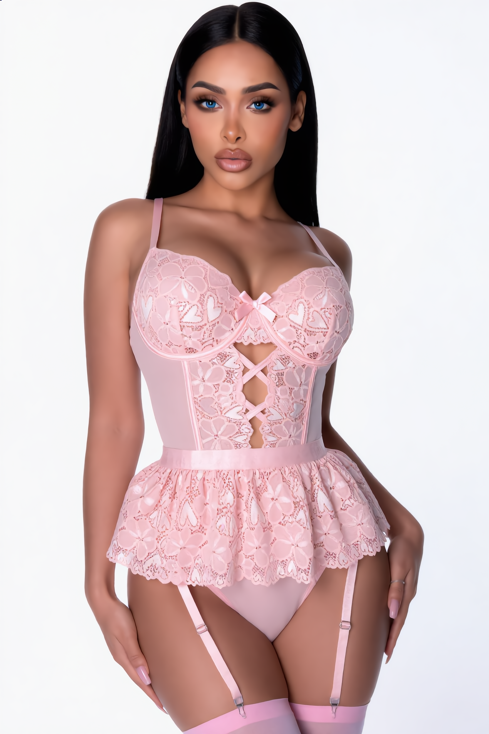 Bodysuit Set Dames Kant – Roze 3-Delig Met Rokje En Kousen – Vrouwelijk Silhouet & Comfort